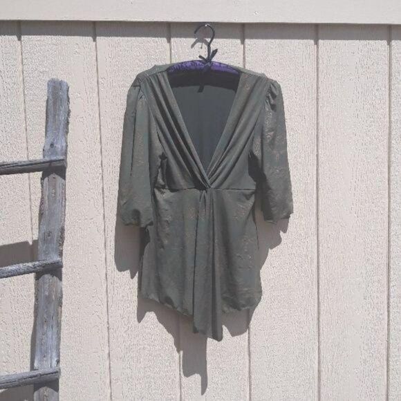 Vintage Peasant Renaissance Tunic Top Pleated Bishop Green Metallic Print  Sz L - Picture 1 of 8